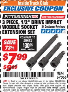 Harbor Freight ITC Coupon 3 PIECE, 1/2" DRIVE IMPACT WOBBLE SOCKET EXTENSION SET Lot No. 67066 Expired: 3/31/19 - $7.99