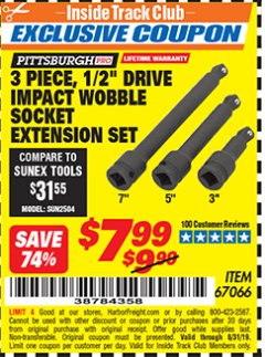 Harbor Freight ITC Coupon 3 PIECE, 1/2" DRIVE IMPACT WOBBLE SOCKET EXTENSION SET Lot No. 67066 Expired: 8/31/19 - $7.99