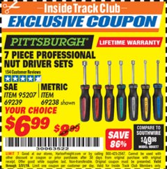 Harbor Freight ITC Coupon 7 PIECE PROFESSIONAL NUT DRIVER SETS Lot No. 95207/69239/69238 Expired: 3/31/19 - $6.99