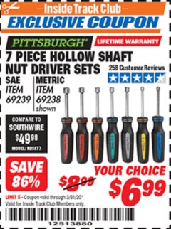 Harbor Freight ITC Coupon 7 PIECE PROFESSIONAL NUT DRIVER SETS Lot No. 95207/69239/69238 Expired: 3/31/20 - $6.99