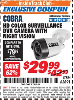 Harbor Freight ITC Coupon COBRA HD COLOR CAMERA Lot No. 63891 Expired: 8/31/19 - $29.99
