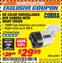 Harbor Freight ITC Coupon COBRA HD COLOR CAMERA Lot No. 63891 Expired: 2/29/20 - $29.99