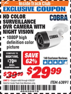 Harbor Freight ITC Coupon COBRA HD COLOR CAMERA Lot No. 63891 Expired: 4/30/20 - $29.99