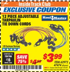 Harbor Freight ITC Coupon 12 PIECE ADJUSTABLE TARPAULIN TIE DOWN CORDS Lot No. 62972/47474 Expired: 1/31/20 - $3.99