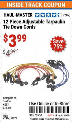 Harbor Freight ITC Coupon 12 PIECE ADJUSTABLE TARPAULIN TIE DOWN CORDS Lot No. 62972/47474 Expired: 8/31/20 - $3.99