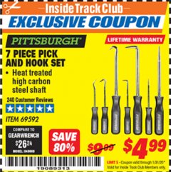 Harbor Freight ITC Coupon PITTSBURGH PICK AND HOOK SET, 7-PIECE Lot No. 69592 Expired: 1/31/20 - $4.99