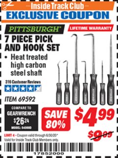 Harbor Freight ITC Coupon 7 PIECE PICK AND HOOK SET Lot No. 69592/93958 Expired: 6/30/20 - $4.99