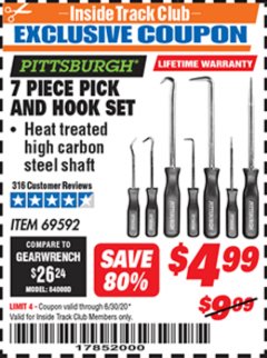 Harbor Freight ITC Coupon PITTSBURGH PICK AND HOOK SET, 7-PIECE Lot No. 69592 Expired: 6/30/20 - $4.99