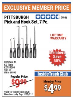 Harbor Freight ITC Coupon PITTSBURGH PICK AND HOOK SET, 7-PIECE Lot No. 69592 Expired: 1/28/21 - $4.99