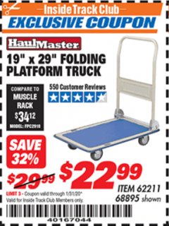 Harbor Freight ITC Coupon 19" x 29" FOLDING PLATFORM TRUCK Lot No. 62211/68895 Expired: 1/31/20 - $22.99