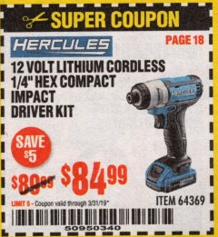 Harbor Freight Coupon HERCULES 1/4" COMPACT HEX IMPACT DRIVER Lot No. 64369 Expired: 3/31/19 - $84.99