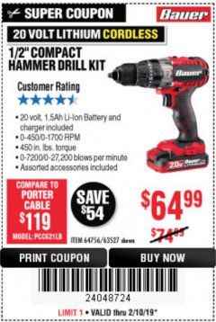 Harbor Freight Coupon 1/2" COMPACT HAMMER DRILL KIT Lot No. 64756/63527 Expired: 2/10/19 - $64.99