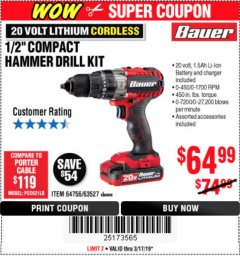 Harbor Freight Coupon 1/2" COMPACT HAMMER DRILL KIT Lot No. 64756/63527 Expired: 3/17/19 - $64.99