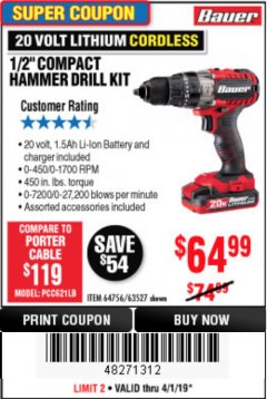 Harbor Freight Coupon 1/2" COMPACT HAMMER DRILL KIT Lot No. 64756/63527 Expired: 4/1/19 - $64.99