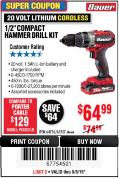 Harbor Freight Coupon 1/2" COMPACT HAMMER DRILL KIT Lot No. 64756/63527 Expired: 5/6/19 - $64.99
