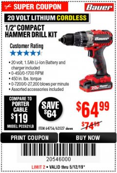 Harbor Freight Coupon 1/2" COMPACT HAMMER DRILL KIT Lot No. 64756/63527 Expired: 5/12/19 - $64.99