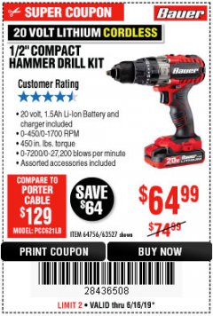 Harbor Freight Coupon 1/2" COMPACT HAMMER DRILL KIT Lot No. 64756/63527 Expired: 6/16/19 - $64.99