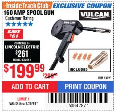 Harbor Freight ITC Coupon VULCAN 160 AMP SPOOL GUN Lot No. 63793 Expired: 2/28/19 - $199.99