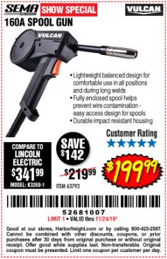 Harbor Freight Coupon VULCAN 160 AMP SPOOL GUN Lot No. 63793 Expired: 11/24/19 - $199.99