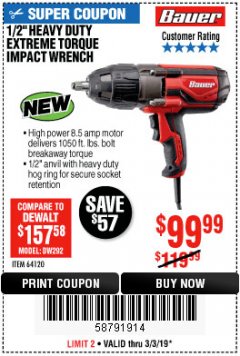 Harbor Freight Coupon BAUER 8.5 AMP, 1/2 IN. IMPACT WRENCH WITH ROCKER SWITCH Lot No. 64120 Expired: 3/3/19 - $99.99