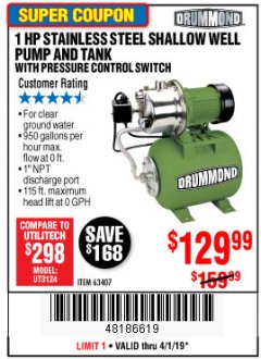 Harbor Freight Coupon 1 HP STAINLESS STEEL SHALLOW WELL PUMP AND TANK Lot No. 56395/63407 Expired: 4/1/19 - $129.99