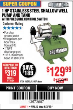 Harbor Freight Coupon 1 HP STAINLESS STEEL SHALLOW WELL PUMP AND TANK Lot No. 56395/63407 Expired: 6/30/19 - $129.99
