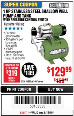 Harbor Freight Coupon 1 HP STAINLESS STEEL SHALLOW WELL PUMP AND TANK Lot No. 56395/63407 Expired: 8/12/19 - $129.99
