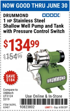 Harbor Freight Coupon 1 HP STAINLESS STEEL SHALLOW WELL PUMP AND TANK Lot No. 56395/63407 Expired: 6/30/20 - $134.99