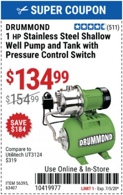 Harbor Freight Coupon 1 HP STAINLESS STEEL SHALLOW WELL PUMP AND TANK Lot No. 56395/63407 Expired: 7/5/20 - $134.99