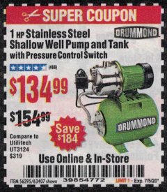 Harbor Freight Coupon 1 HP STAINLESS STEEL SHALLOW WELL PUMP AND TANK Lot No. 56395/63407 Expired: 7/5/20 - $134.99