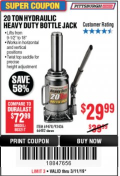 Harbor Freight Coupon 20 TON HYDRAULIC HEAVY DUTY BOTTLE JACK Lot No. 69478/66482 Expired: 3/11/19 - $29.99