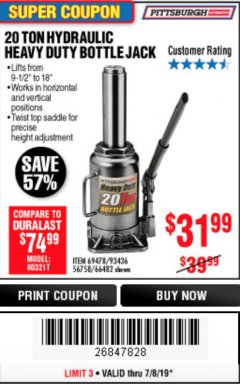 Harbor Freight Coupon 20 TON HYDRAULIC HEAVY DUTY BOTTLE JACK Lot No. 69478/66482 Expired: 7/7/19 - $31.99