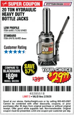 Harbor Freight Coupon 20 TON HYDRAULIC HEAVY DUTY BOTTLE JACK Lot No. 69478/66482 Expired: 2/29/20 - $29.99