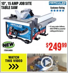 Harbor Freight Coupon HERCULES 10" 15 AMP JOBSITE TABLE SAW Lot No. 64855 Expired: 4/22/19 - $249.99