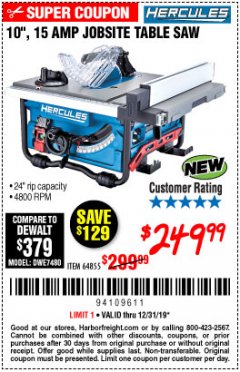 Harbor Freight Coupon HERCULES 10" 15 AMP JOBSITE TABLE SAW Lot No. 64855 Expired: 12/31/19 - $249.99