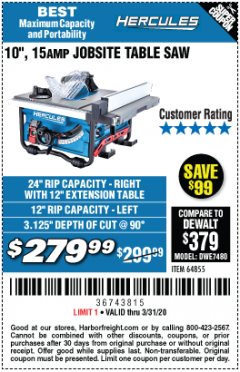 Harbor Freight Coupon HERCULES 10" 15 AMP JOBSITE TABLE SAW Lot No. 64855 Expired: 3/31/20 - $279.99