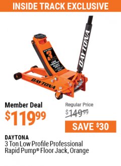 Harbor Freight ITC Coupon DAYTONA RAPID PUMP 3 TON STEEL LOW PROFILE FLOOR JACKS Lot No. 64360/64883/64240/64784/56261/64780 Expired: 7/29/21 - $119.99