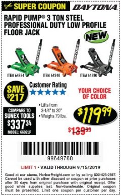 Harbor Freight Coupon DAYTONA RAPID PUMP 3 TON STEEL LOW PROFILE FLOOR JACKS Lot No. 64360/64883/64240/64784/56261/64780 Expired: 9/15/19 - $119.99