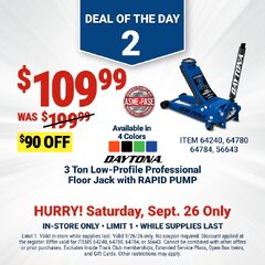 Harbor Freight Coupon DAYTONA RAPID PUMP 3 TON STEEL LOW PROFILE FLOOR JACKS Lot No. 64360/64883/64240/64784/56261/64780 Valid Thru: 9/26/26 - $109.99