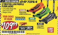 Harbor Freight Coupon DAYTONA RAPID PUMP 3 TON STEEL LOW PROFILE FLOOR JACKS Lot No. 64360/64883/64240/64784/56261/64780 Expired: 4/30/19 - $109.99