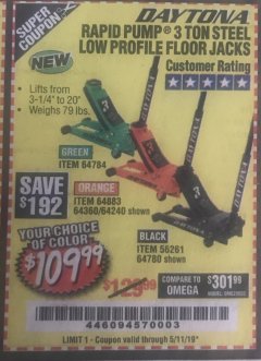 Harbor Freight Coupon DAYTONA RAPID PUMP 3 TON STEEL LOW PROFILE FLOOR JACKS Lot No. 64360/64883/64240/64784/56261/64780 Expired: 5/11/19 - $109.99