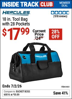 Harbor Freight Coupon HERCULES 18 IN. TOOL BAG WITH 28 POCKETS Lot No. 64661 Valid: 12/31/69 - 7/2/26 - $17.99