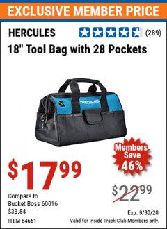 Harbor Freight ITC Coupon HERCULES 18" TOOL BAG WITH 28 POCKETS Lot No. 64661 Expired: 9/30/20 - $17.99