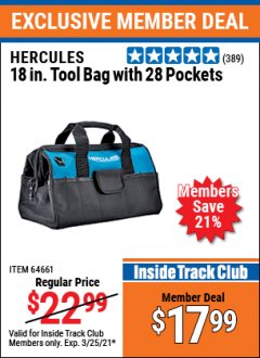Harbor Freight ITC Coupon HERCULES 18" TOOL BAG WITH 28 POCKETS Lot No. 64661 Expired: 3/25/21 - $17.99