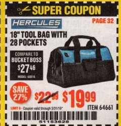 Harbor Freight Coupon HERCULES 18" TOOL BAG WITH 28 POCKETS Lot No. 64661 Expired: 3/31/19 - $19.99