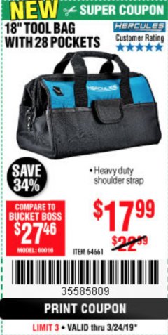 Harbor Freight Coupon HERCULES 18" TOOL BAG WITH 28 POCKETS Lot No. 64661 Expired: 3/24/19 - $17.99