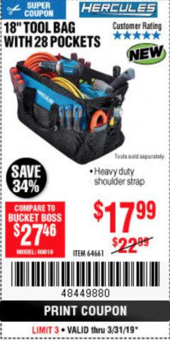 Harbor Freight Coupon HERCULES 18" TOOL BAG WITH 28 POCKETS Lot No. 64661 Expired: 3/31/19 - $17.99