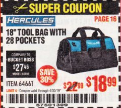 Harbor Freight Coupon HERCULES 18" TOOL BAG WITH 28 POCKETS Lot No. 64661 Expired: 4/30/19 - $18.99