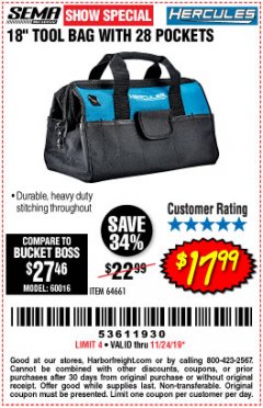 Harbor Freight Coupon HERCULES 18" TOOL BAG WITH 28 POCKETS Lot No. 64661 Expired: 11/24/19 - $17.99