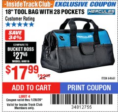 Harbor Freight Coupon HERCULES 18" TOOL BAG WITH 28 POCKETS Lot No. 64661 Expired: 1/28/20 - $17.99